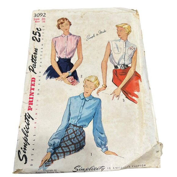 Vintage Simplicity 3092 1950s Womens Blouse Sewing Pattern Size 20 - Picture 1 of 3